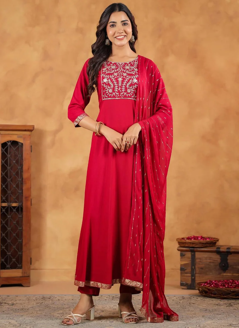 ZERESOUQ Pink Rayon Fit & Flare Embroidered 3-Piece Kurta Set